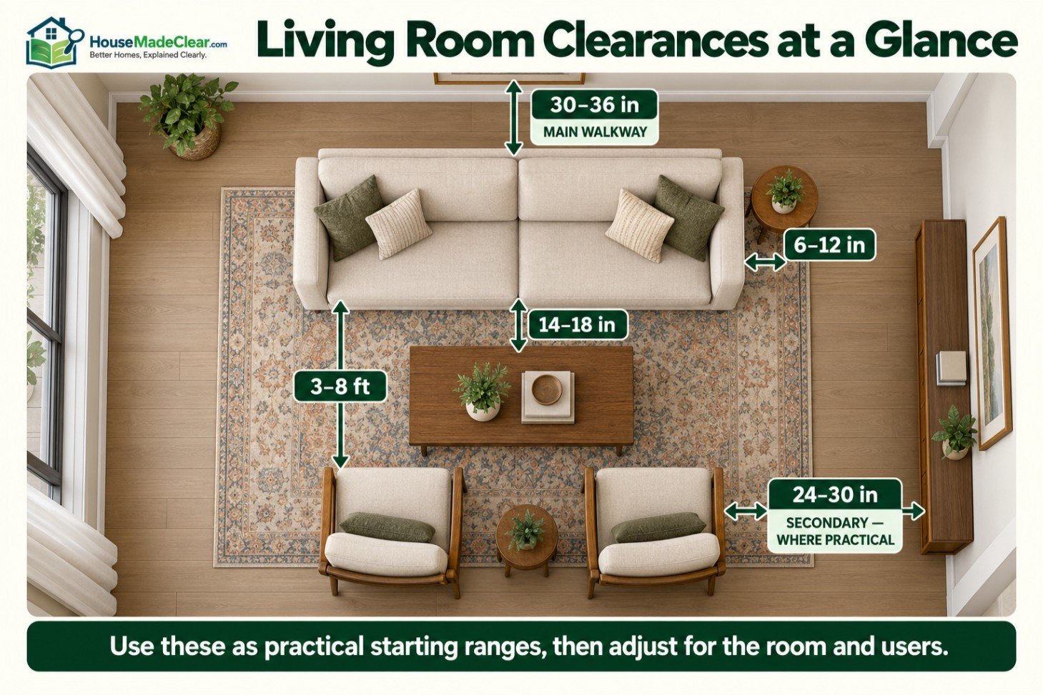 Top-down living-room plan showing practical walkway, conversation, coffee-table and rug clearances
