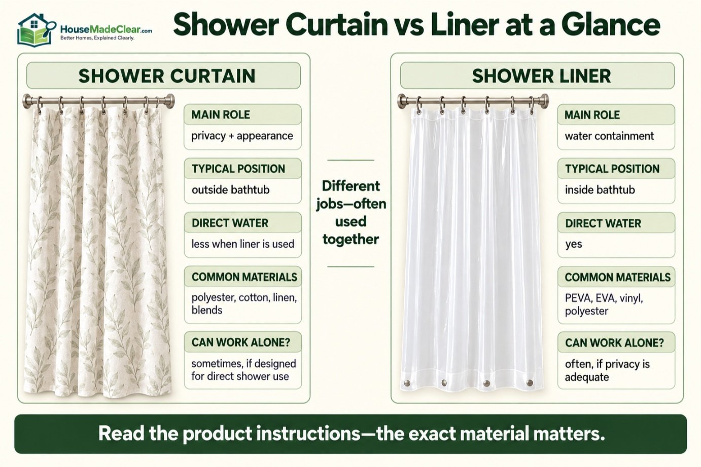 Comparison of shower-curtain and shower-liner roles, positions, water exposure and common materials