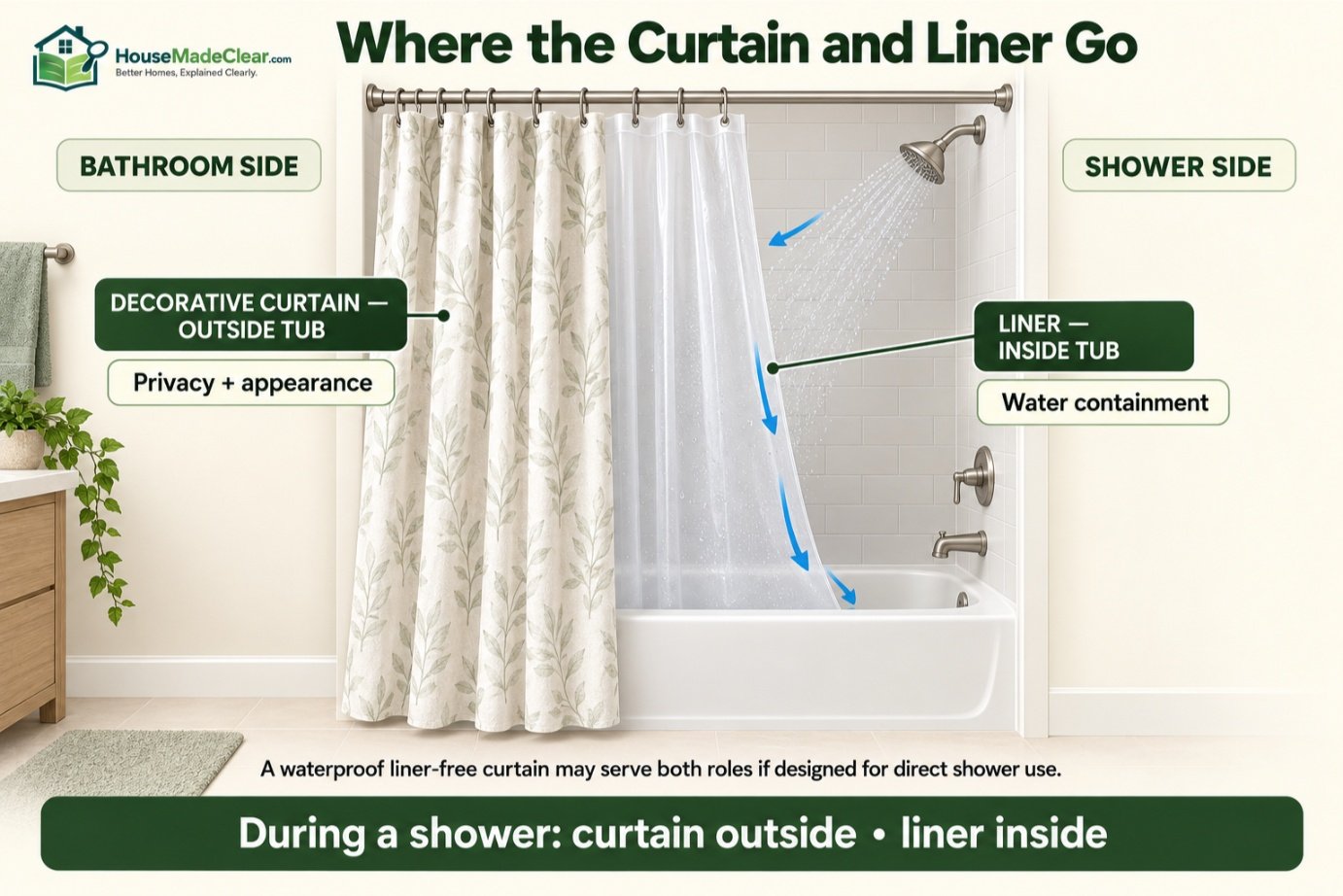 Side-view diagram showing the decorative shower curtain outside the bathtub and liner inside to contain water