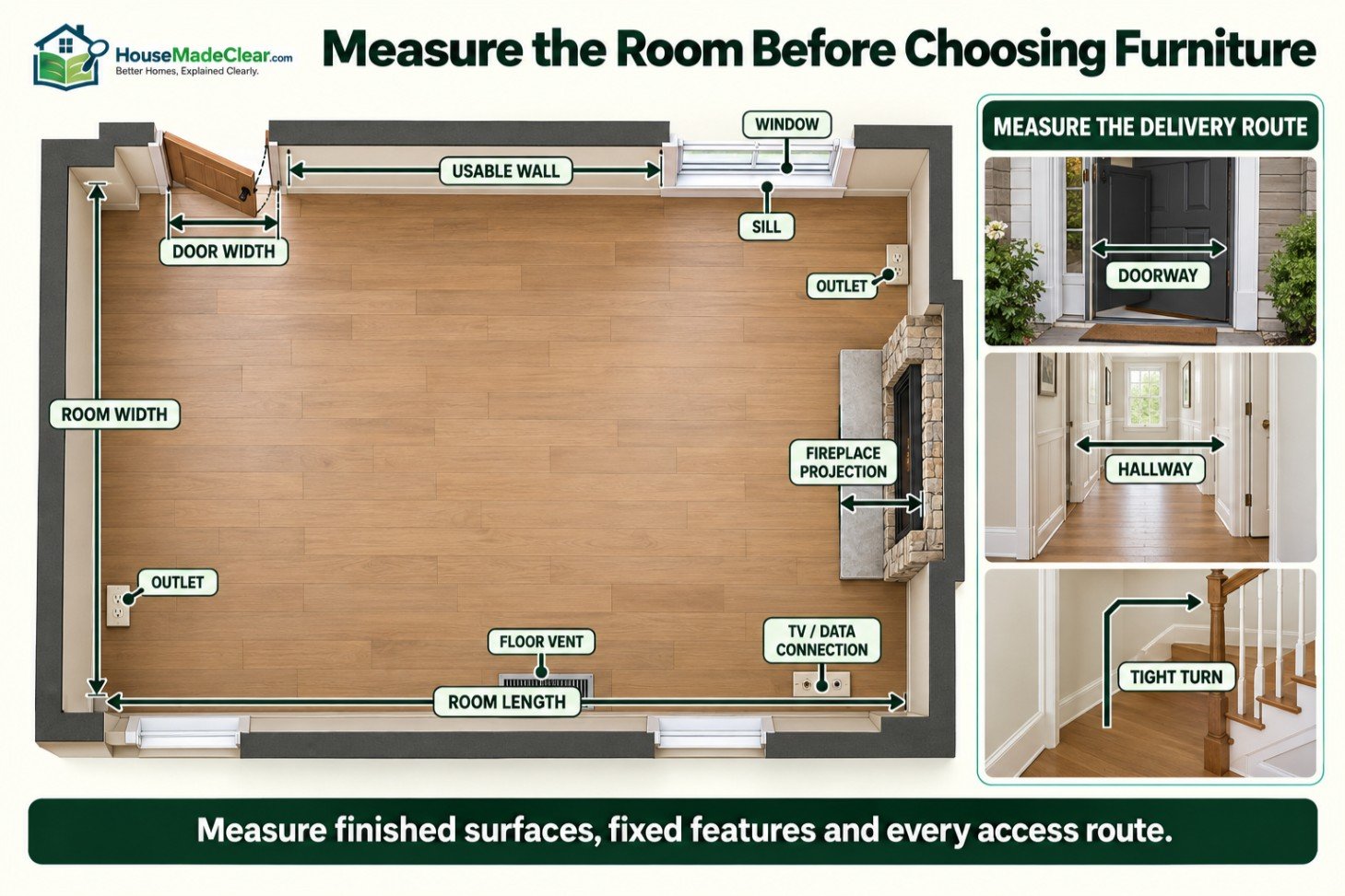 Living-room floor plan showing room measurements, fixed features and the furniture delivery route