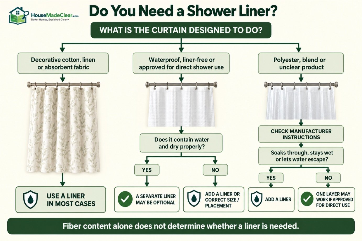 Decision tree for choosing a liner based on curtain material, intended use and water performance