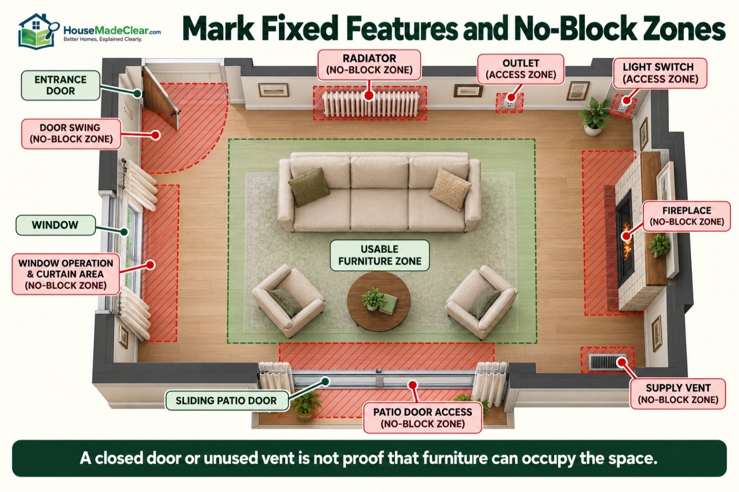 Living-room plan marking door swings, patio access, windows, fireplace, radiator, vent and electrical access zones