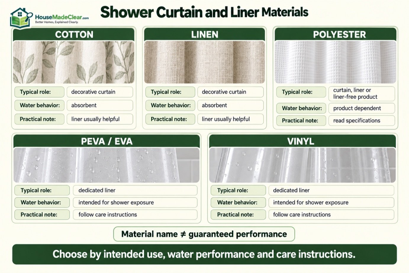Comparison of cotton, linen, polyester, PEVA, EVA and vinyl shower-curtain and liner materials