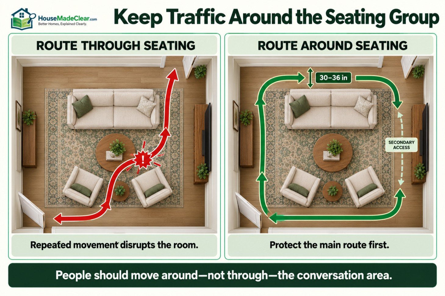 Comparison of a walking route through a conversation area and a protected route around the seating group