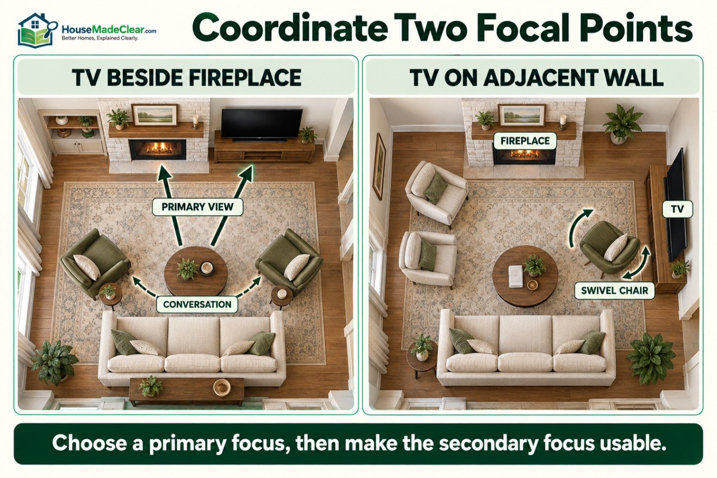 Living-room layouts coordinating a television beside a fireplace or on an adjacent wall