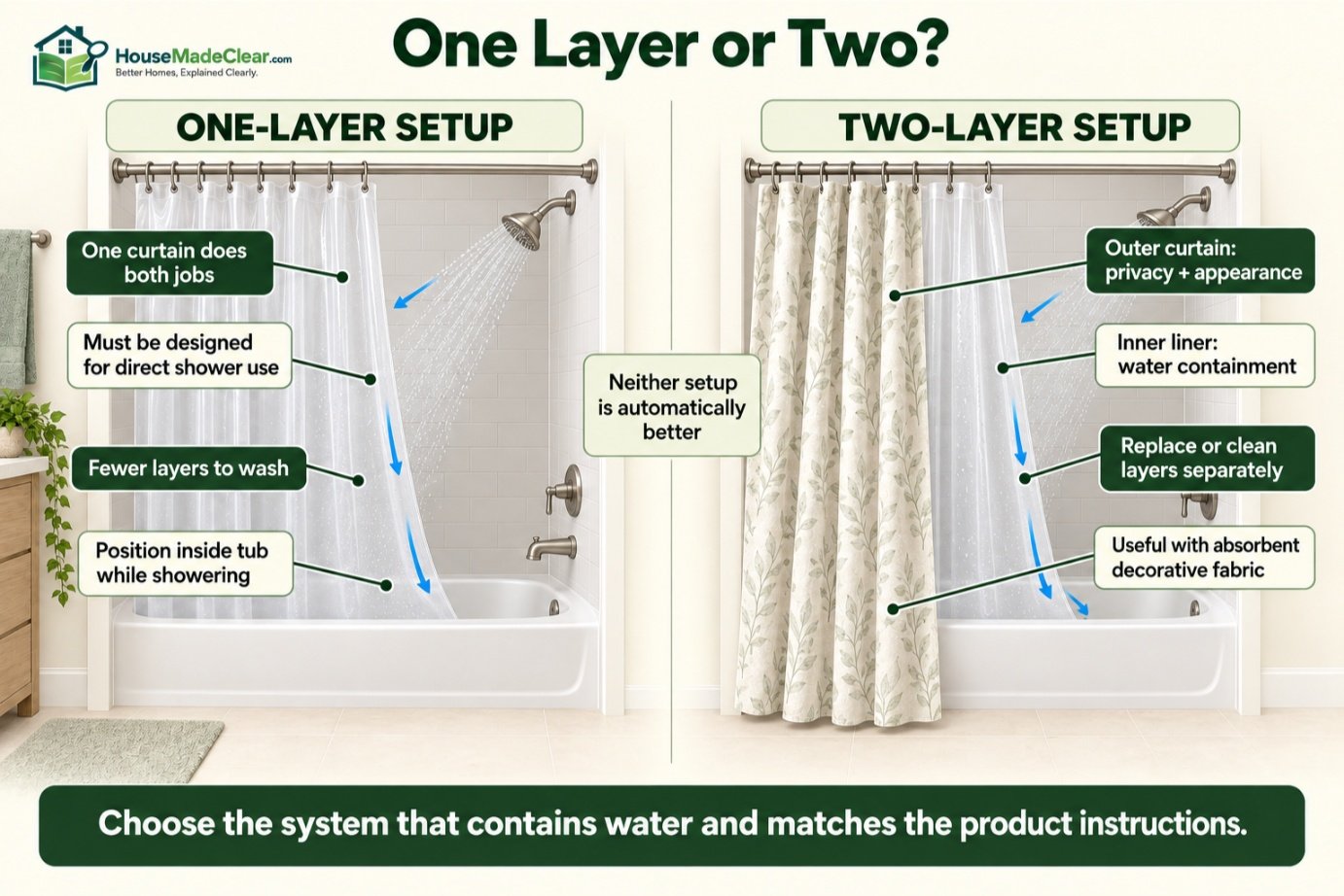 One waterproof shower curtain compared with a decorative curtain and separate inner liner