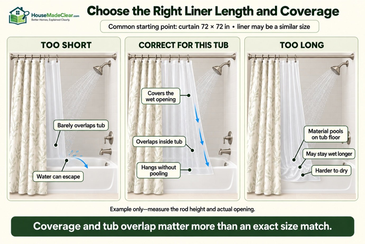 Shower liners that are too short, correctly overlapping the tub and too long with material pooling
