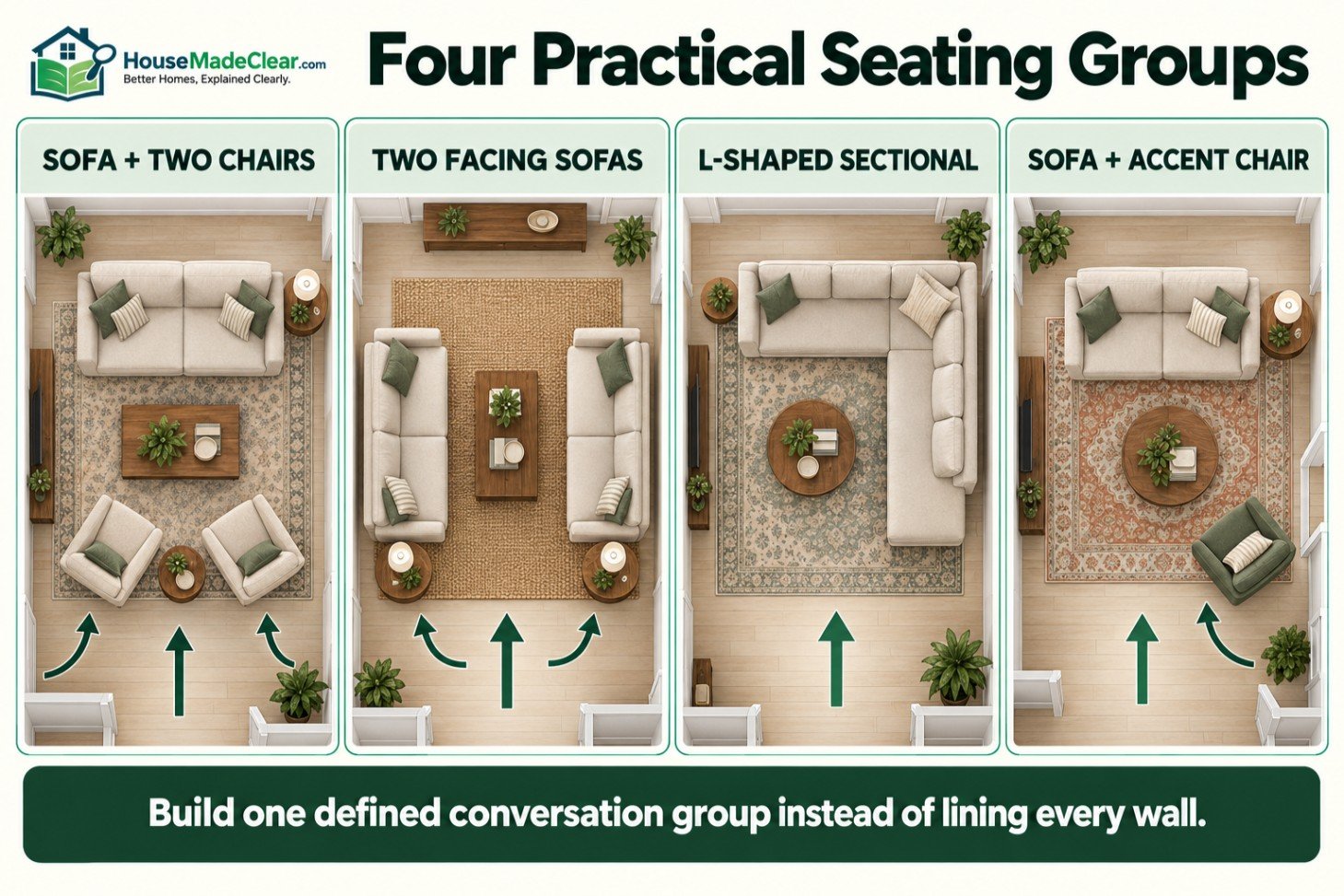 Top-down comparison of sofa-and-chair, facing-sofa, sectional and compact seating arrangements