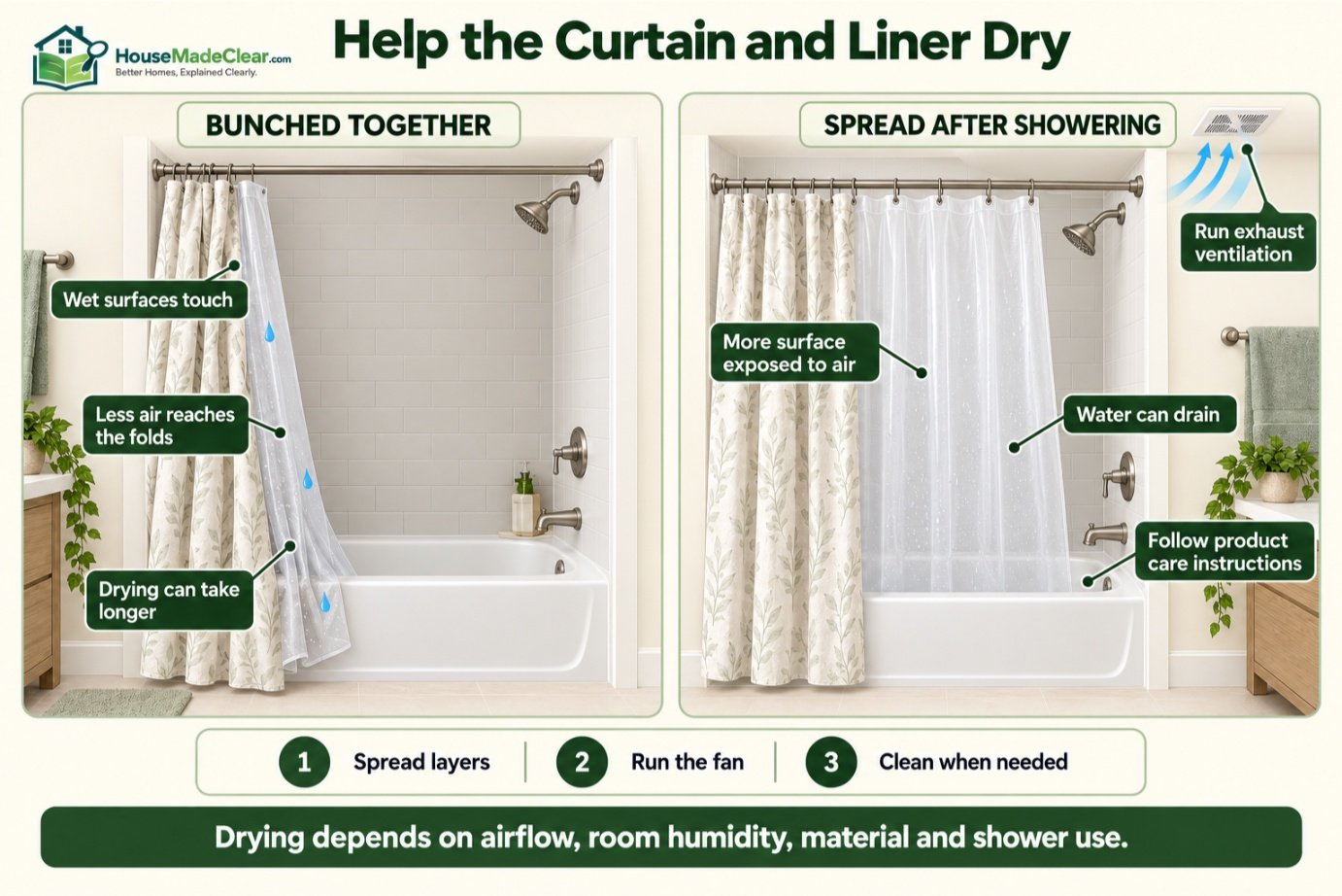 Bunched shower curtain and liner compared with layers spread out to drain and dry with ventilation
