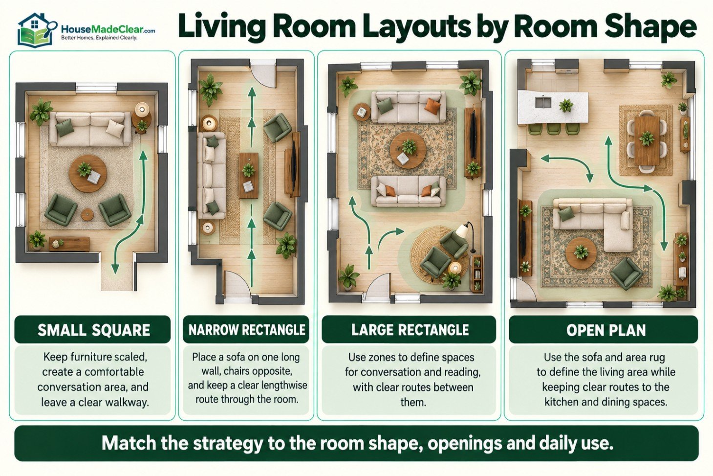 Layout strategies for small square, narrow rectangular, large rectangular and open-plan living rooms