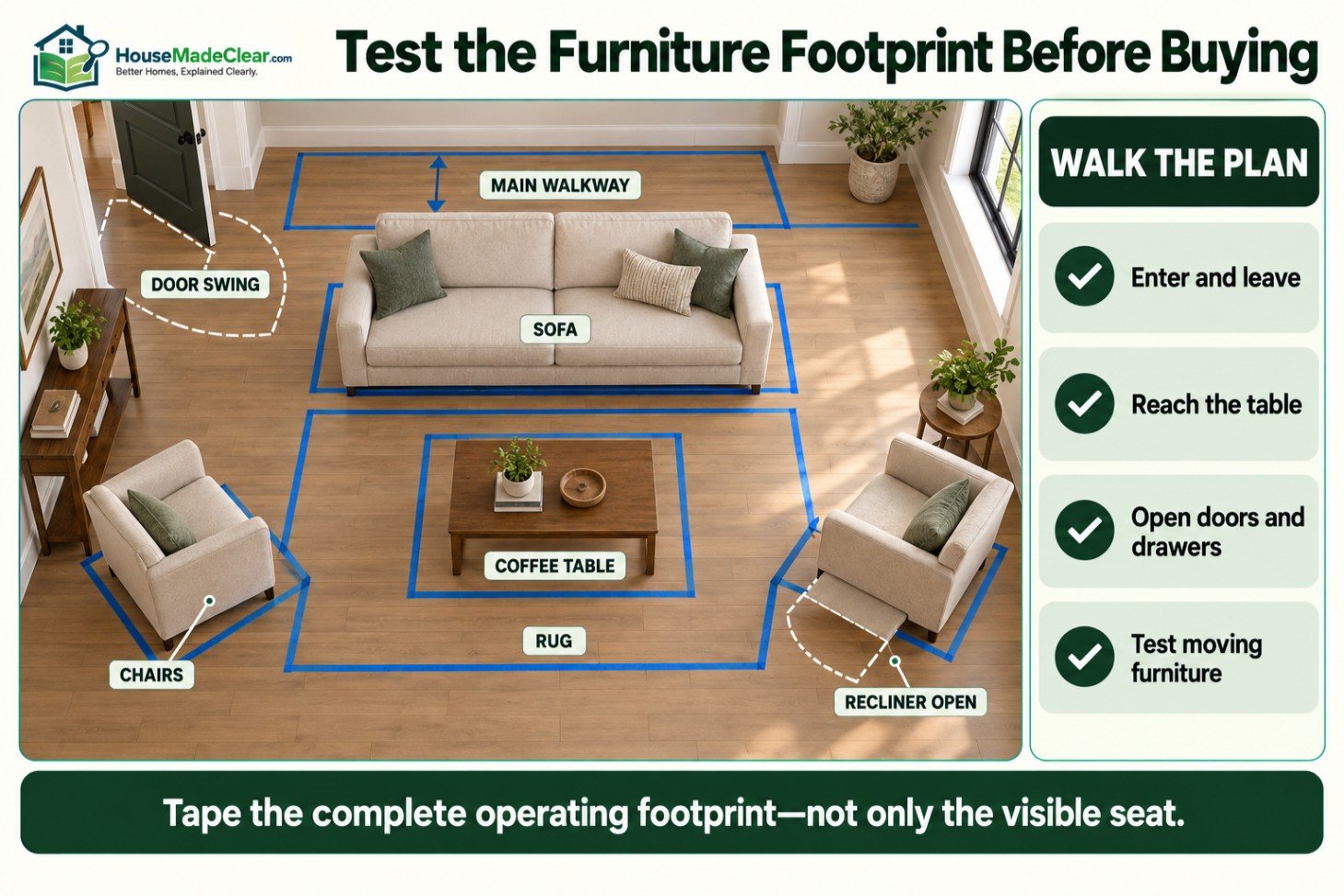 Painter’s-tape living-room test showing furniture footprints, walkway, door swing and recliner extension