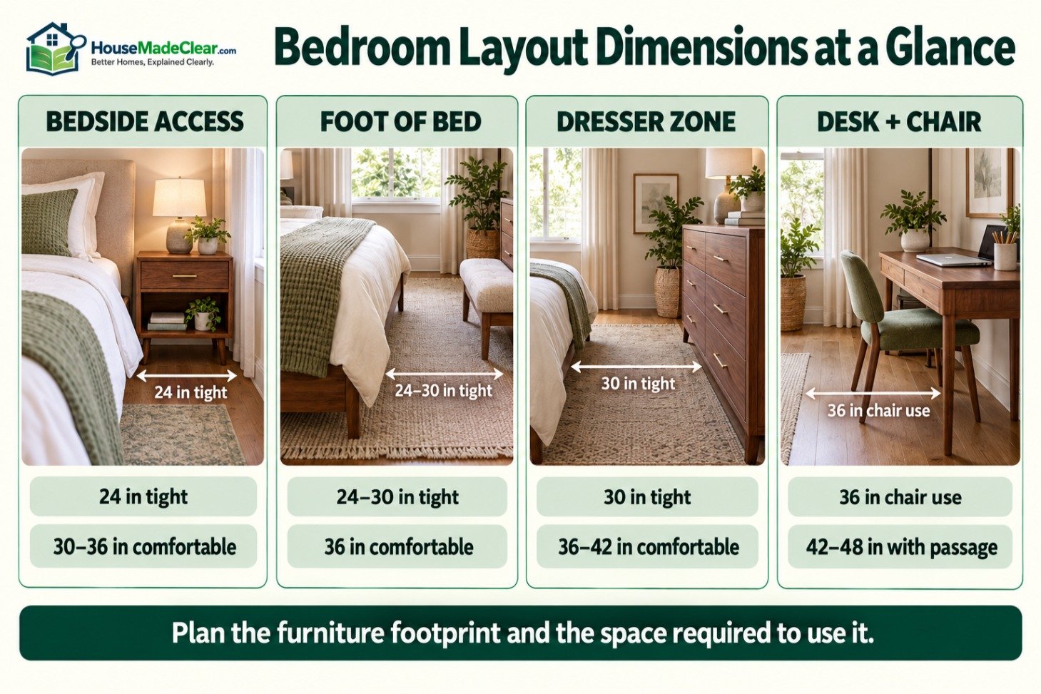 layout-dimensions-at-a-glance.png Bedroom planning clearances for bedside access, the foot of the bed, a dresser and a desk chair
