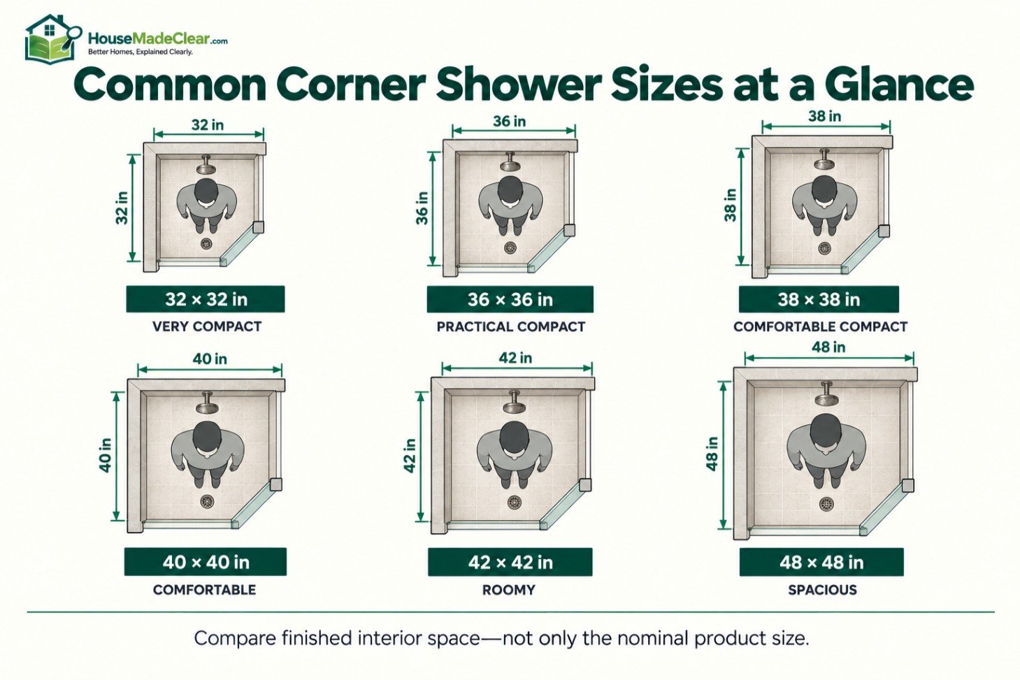 Comparison of common 32×32, 36×36, 38×38, 40×40, 42×42 and 48×48-inch corner shower sizes