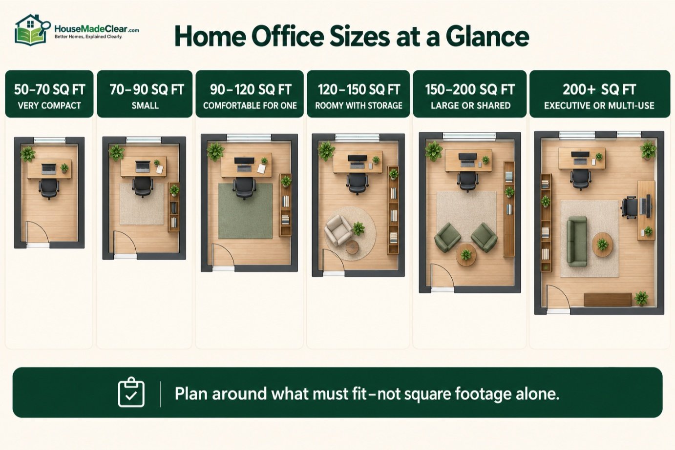 Comparison of home-office sizes from a 50–70-square-foot compact room to a 200-plus-square-foot multi-use office