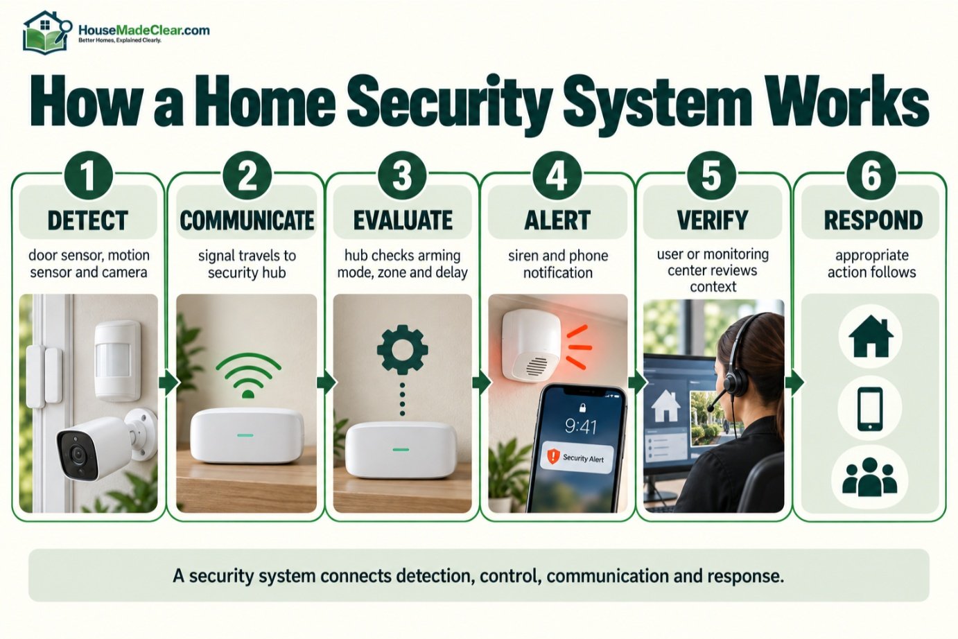 Six-stage home security system flow from detection and hub evaluation to alerts, verification and response