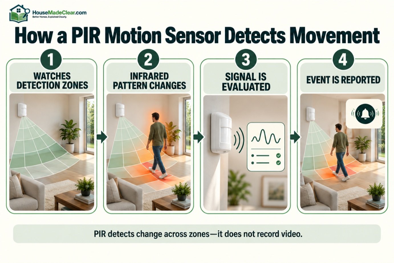 Four-step diagram showing how a PIR motion sensor detects infrared changes across its coverage zones