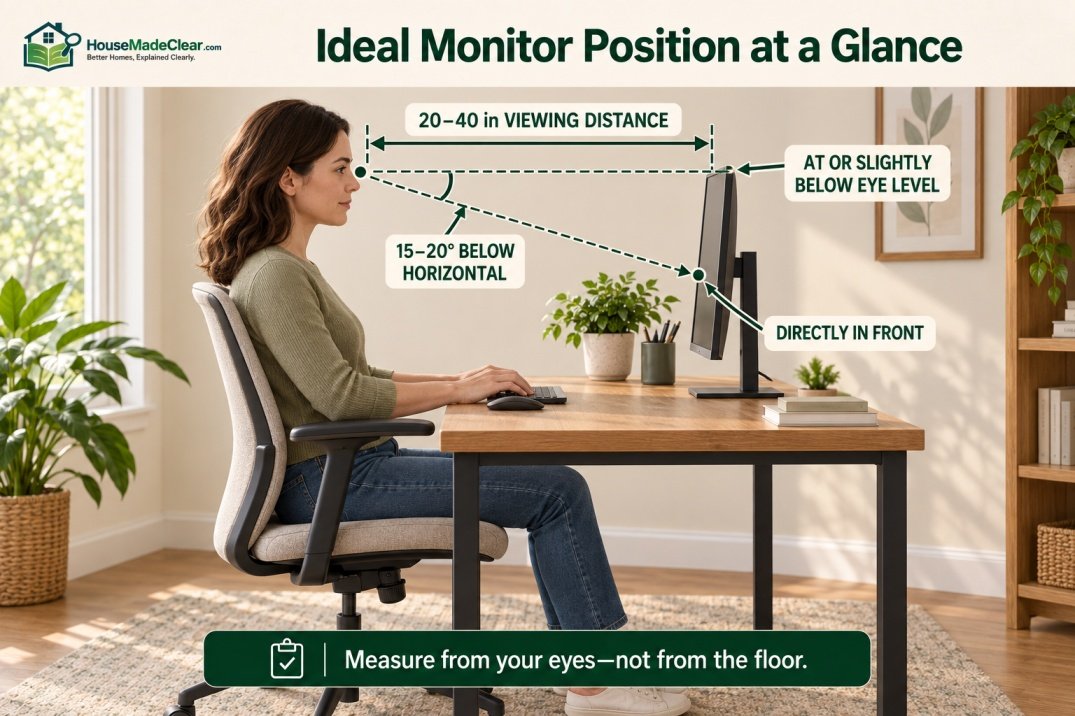 Side-view monitor setup showing the top of the screen near eye level, a 15–20-degree downward viewing angle and a 20–40-inch viewing distance