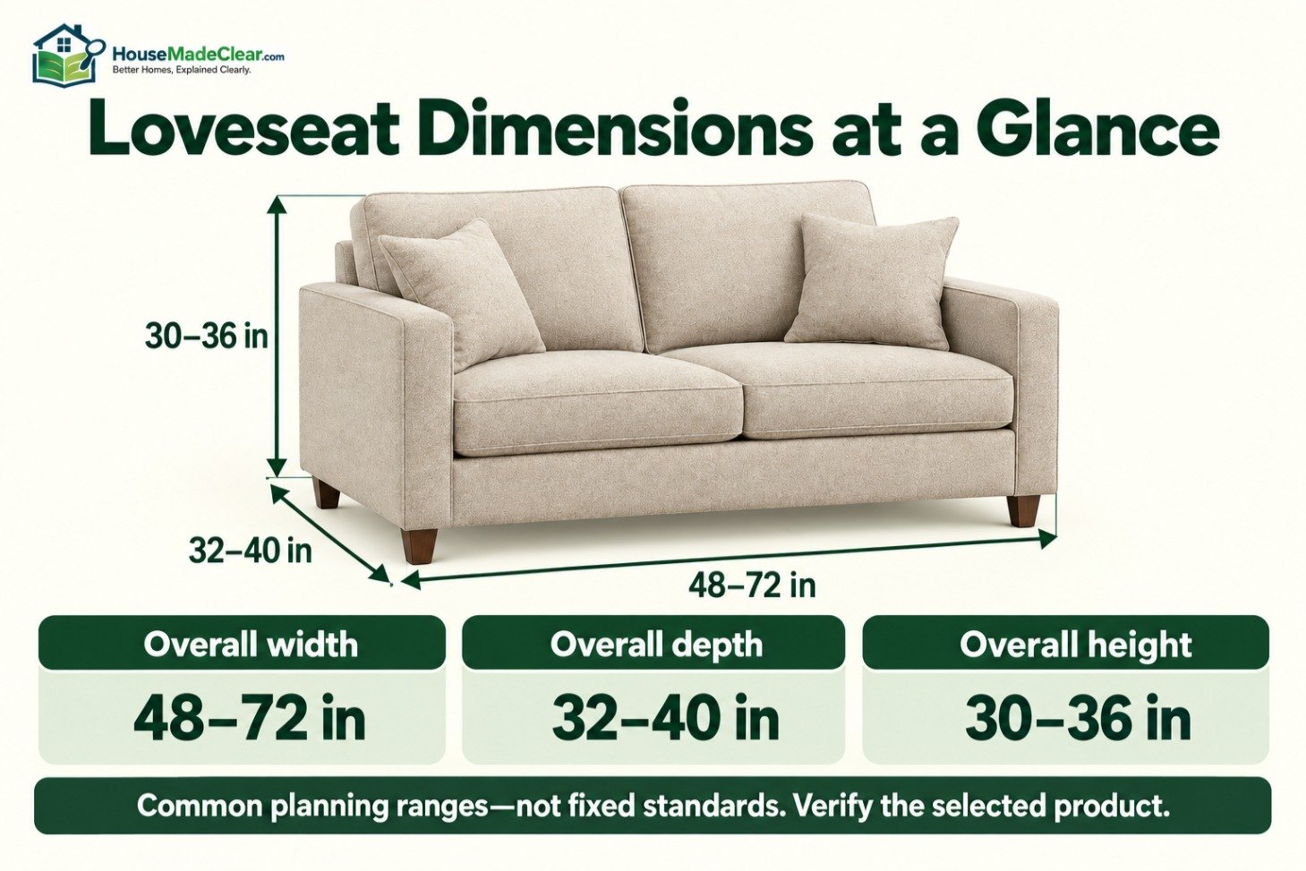 Standard loveseat dimensions showing 48–72-inch width, 32–40-inch depth and 30–36-inch height