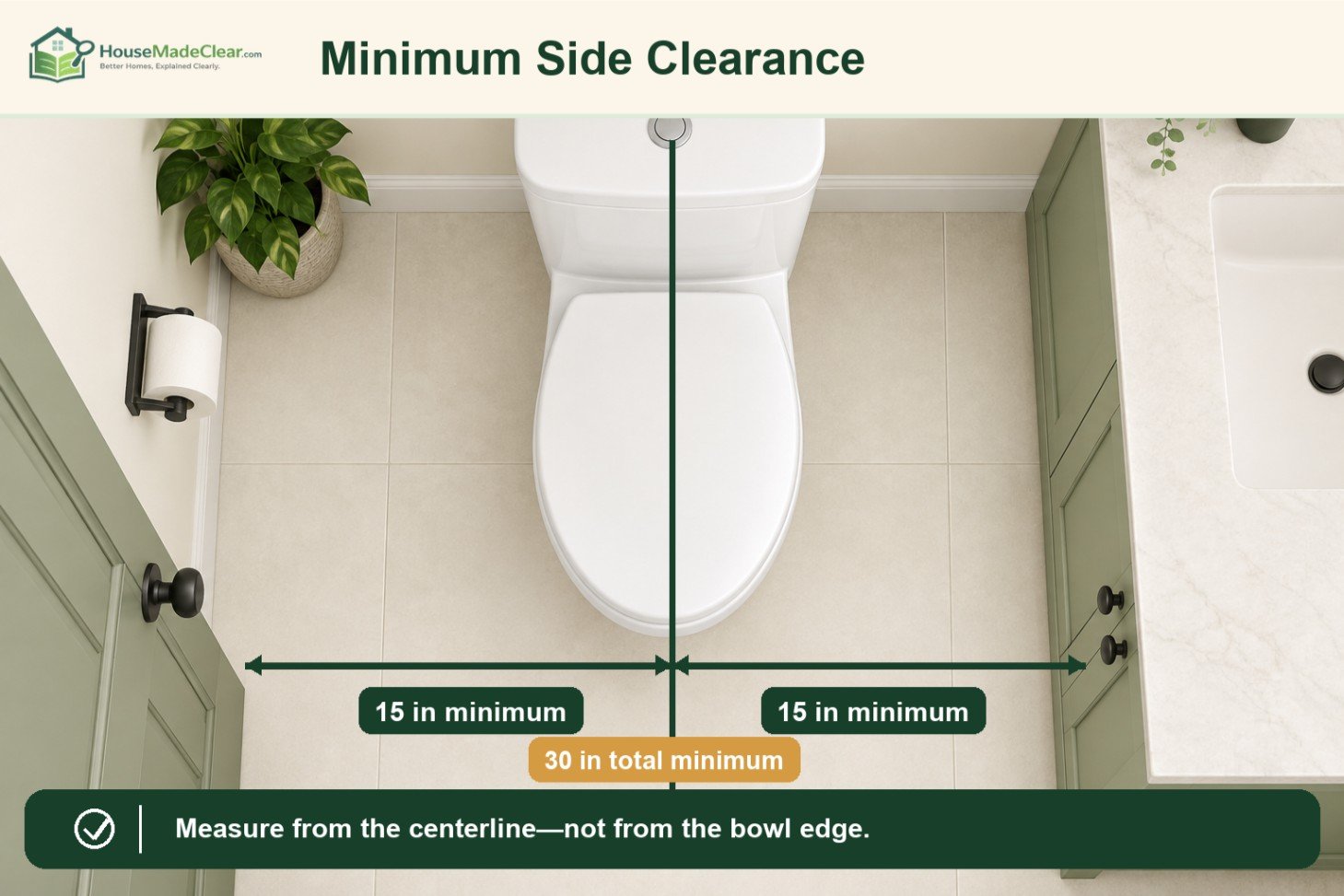 Top-down toilet layout showing 15 inches from the centerline to each side obstruction and a 30-inch total minimum zone