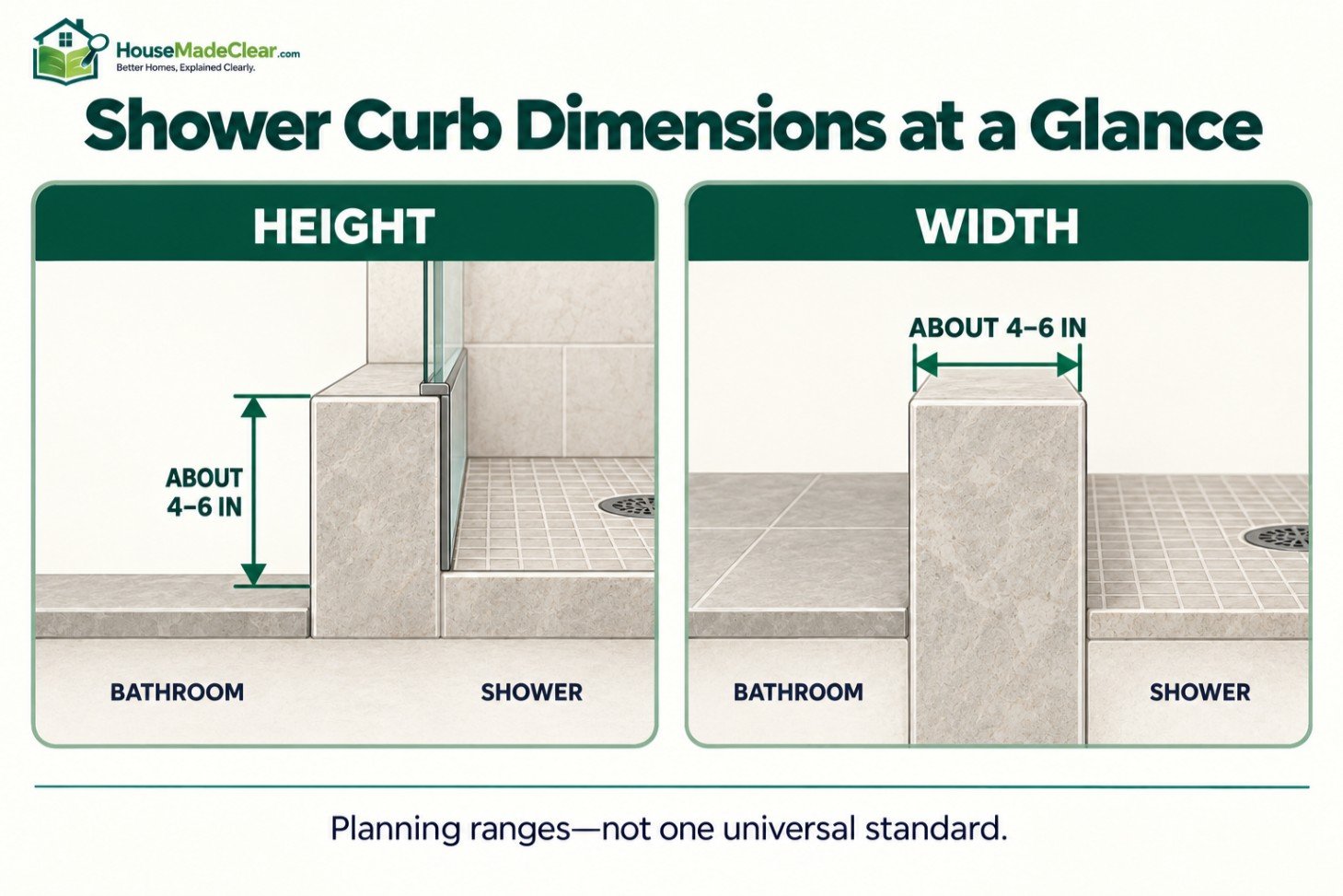 Side and end views showing a finished shower curb about 4–6 inches high and 4–6 inches wide