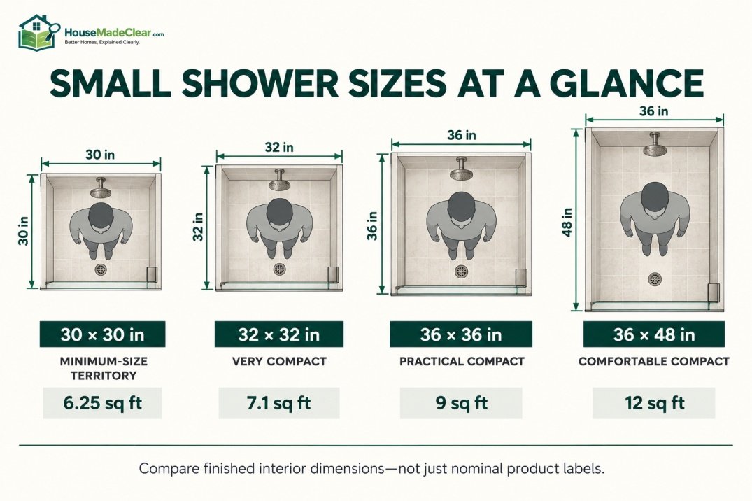 Comparison of 30 × 30, 32 × 32, 36 × 36 and 36 × 48-inch small shower dimensions