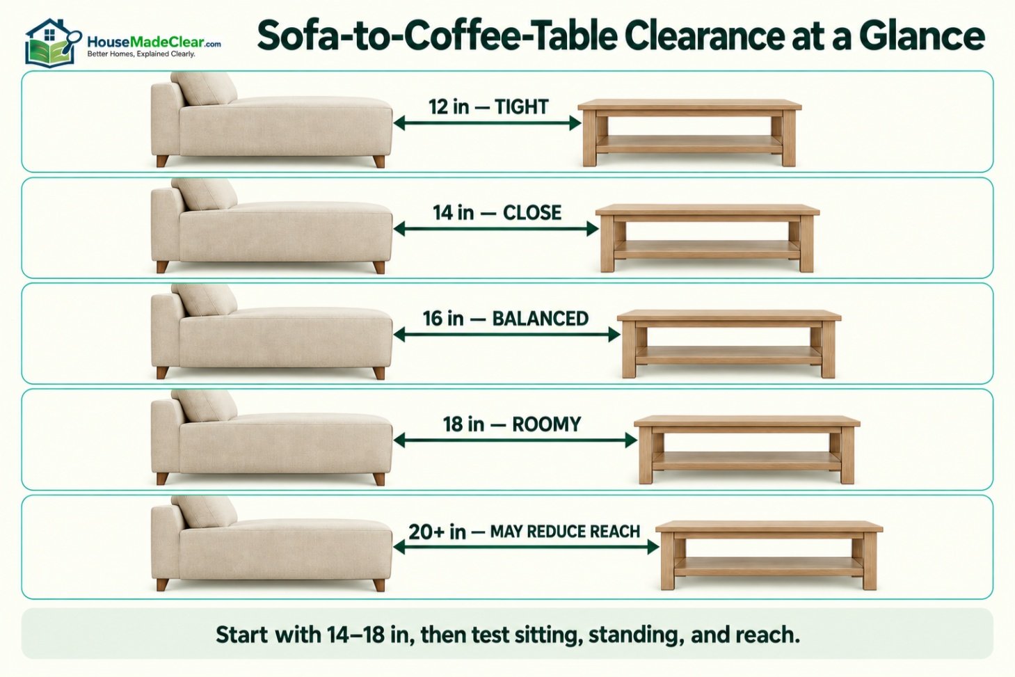 Comparison of 12, 14, 16, 18 and 20-plus inches between a sofa and coffee table