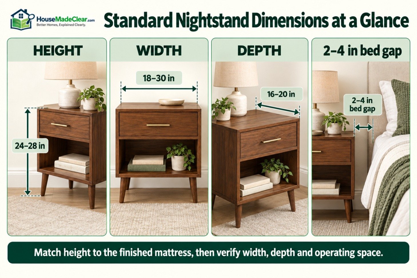 Standard nightstand width, height, depth and recommended gap beside a bed
