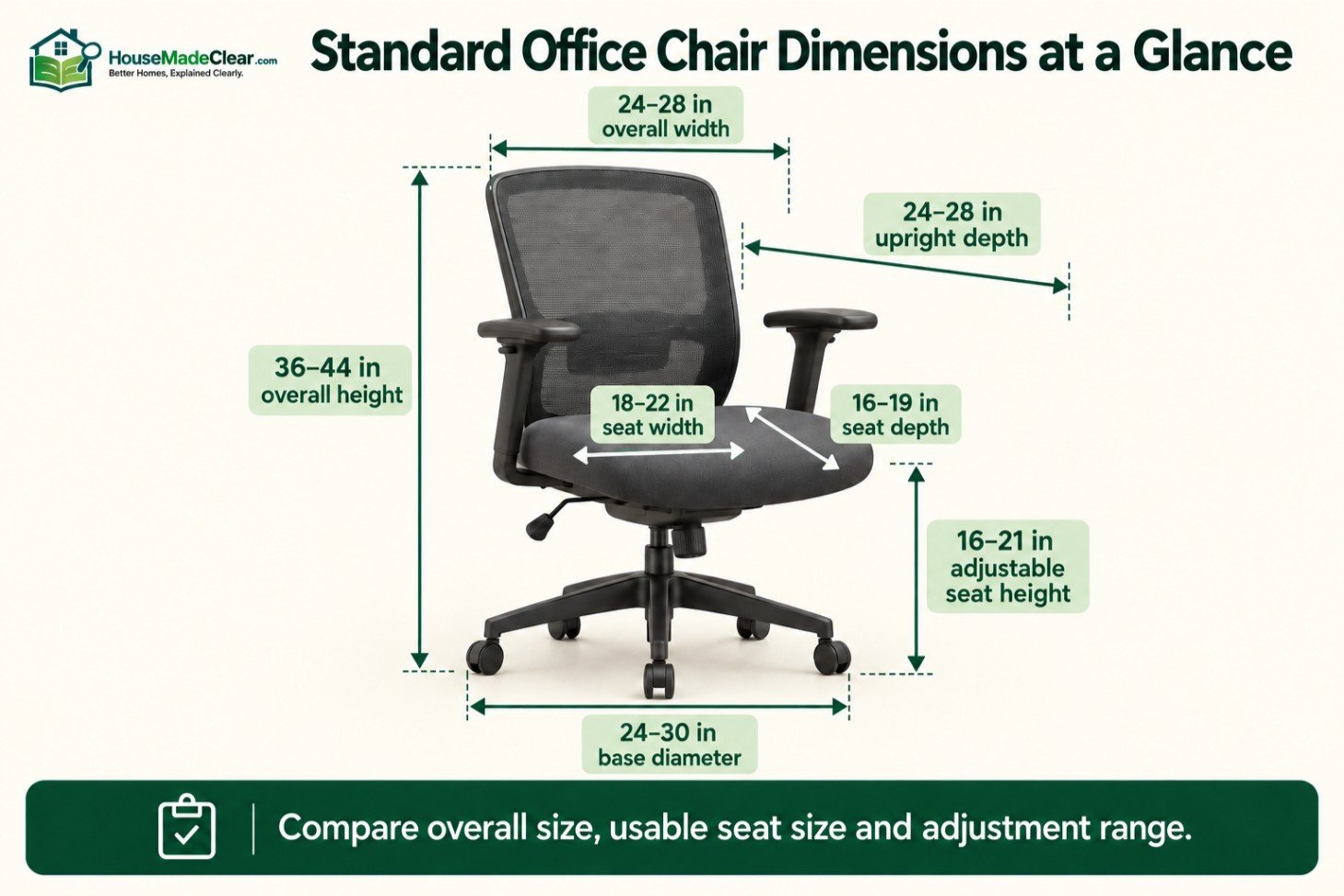 Standard office chair width, depth, height, seat and base-diameter ranges