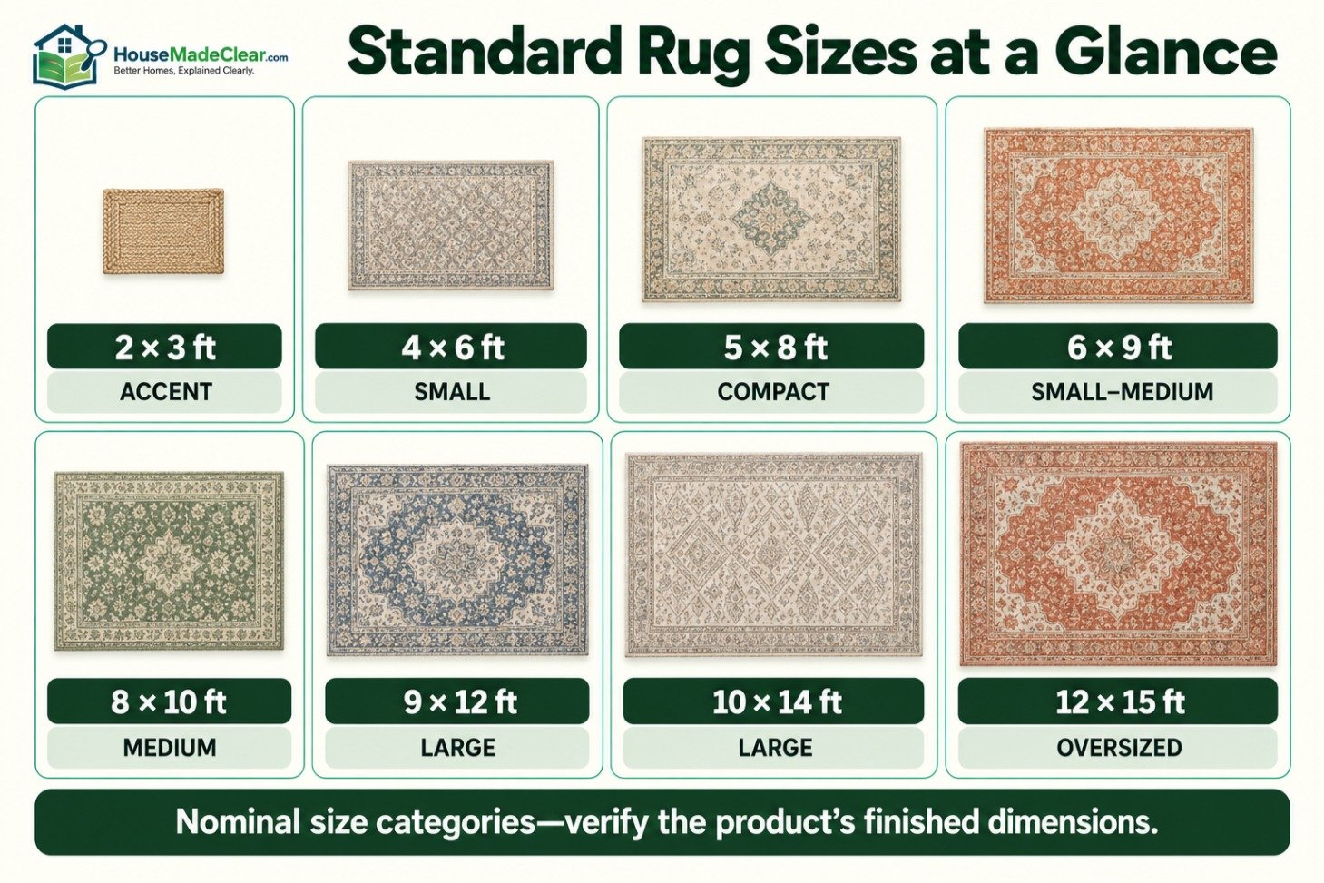 Common standard area rug sizes from 2 × 3 feet through 12 × 15 feet