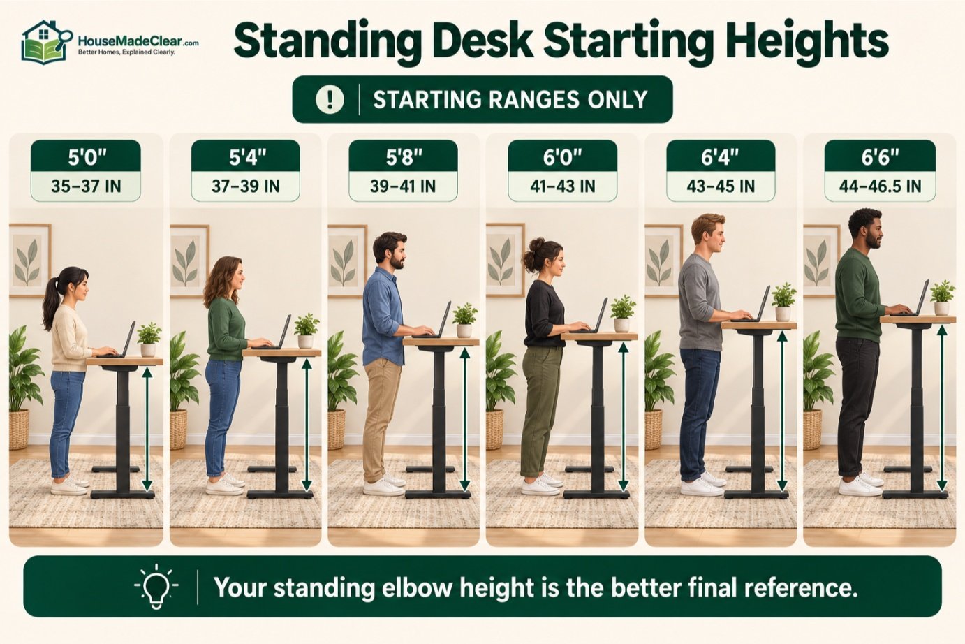 Approximate standing-desk starting heights for users from 5 feet to 6 feet 6 inches tall