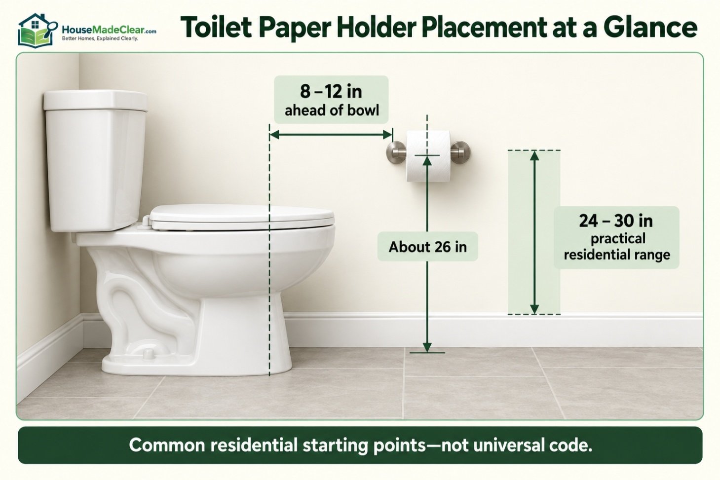 Residential toilet paper holder placement showing a 26-inch common height and 8–12-inch forward position