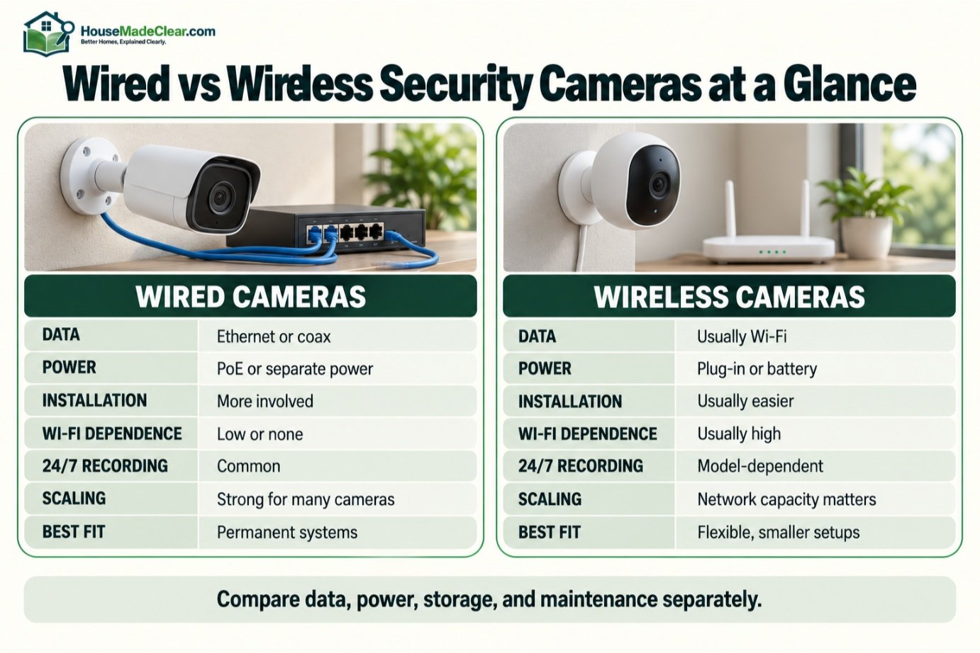 Wired and wireless security cameras compared by data connection, power, installation, Wi-Fi dependence, recording and scalability