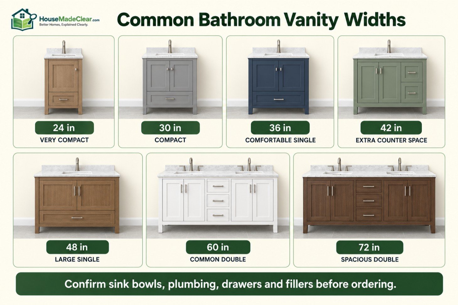 Comparison of common bathroom vanity widths from 24-inch single-sink to 72-inch double-sink models