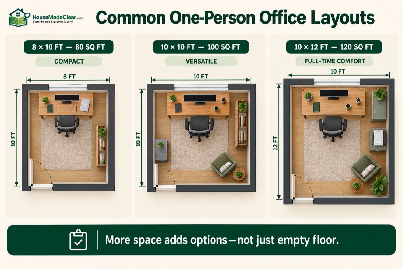Top-down layouts for 8×10, 10×10 and 10×12 one-person home offices