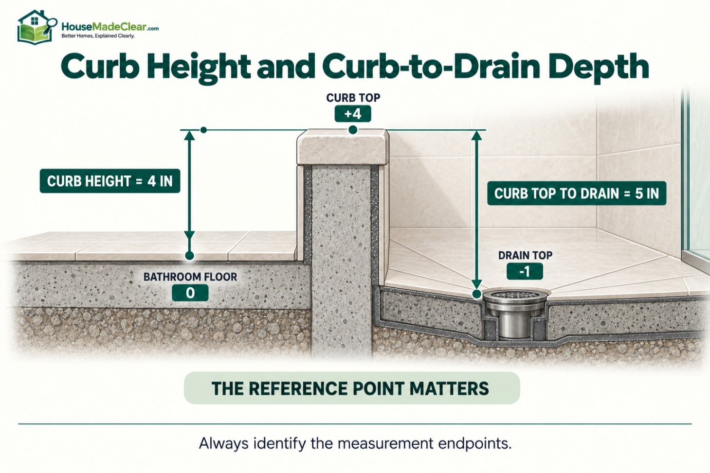 Shower section comparing a 4-inch curb height above the bathroom floor with a 5-inch curb-to-drain depth