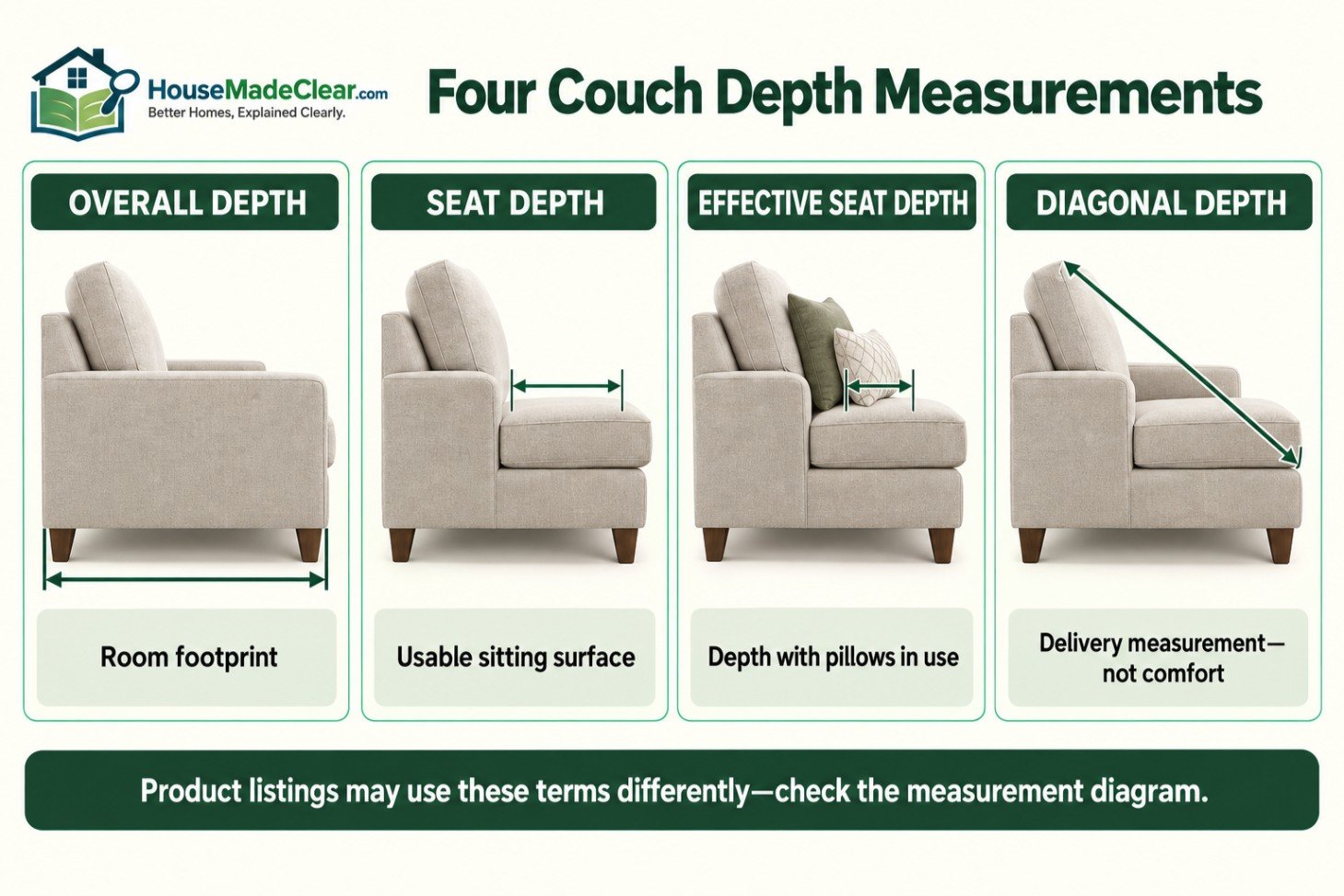 Overall, seat, effective-seat and diagonal couch-depth measurements shown in side view