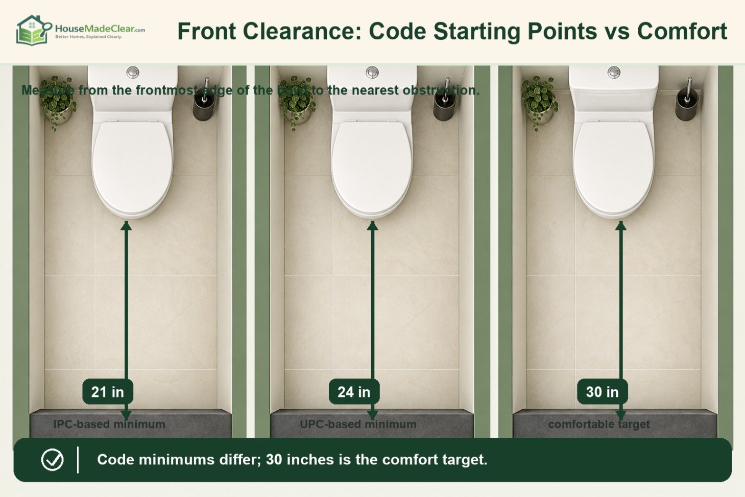 [Front Clearance Comparison](/Users/deepakmishra/.codex/.chatgpt-projects/g-p-6a64fcbfd9ec819195eb6d246175ee1e/toilet-clearance-article-images/02-front-clearance-comparison.png)Comparison of 21-inch IPC-based, 24-inch UPC-based and 30-inch comfortable front clearances