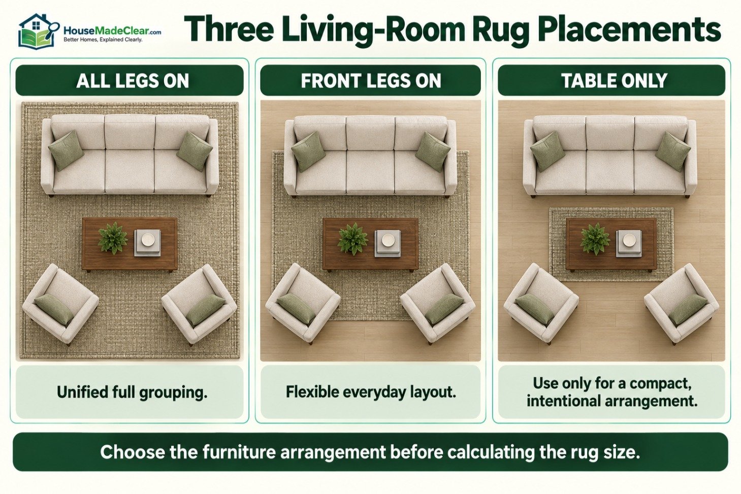 Three living-room rug layouts with all furniture legs, front legs or only the coffee table on the rug