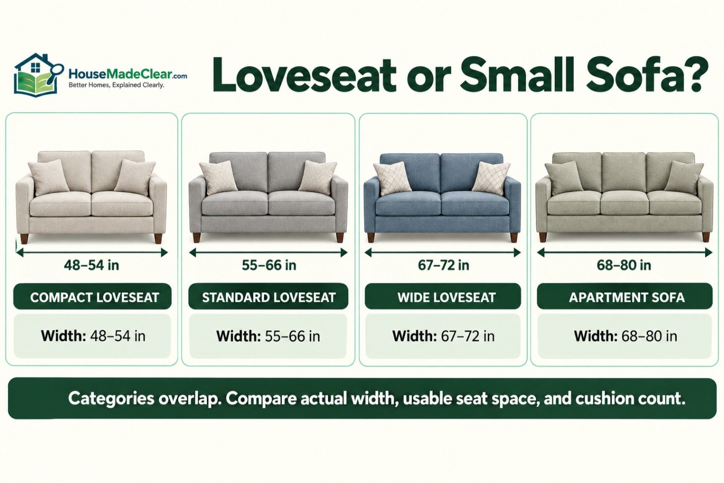 Width comparison of compact, standard and wide loveseats with an apartment sofa