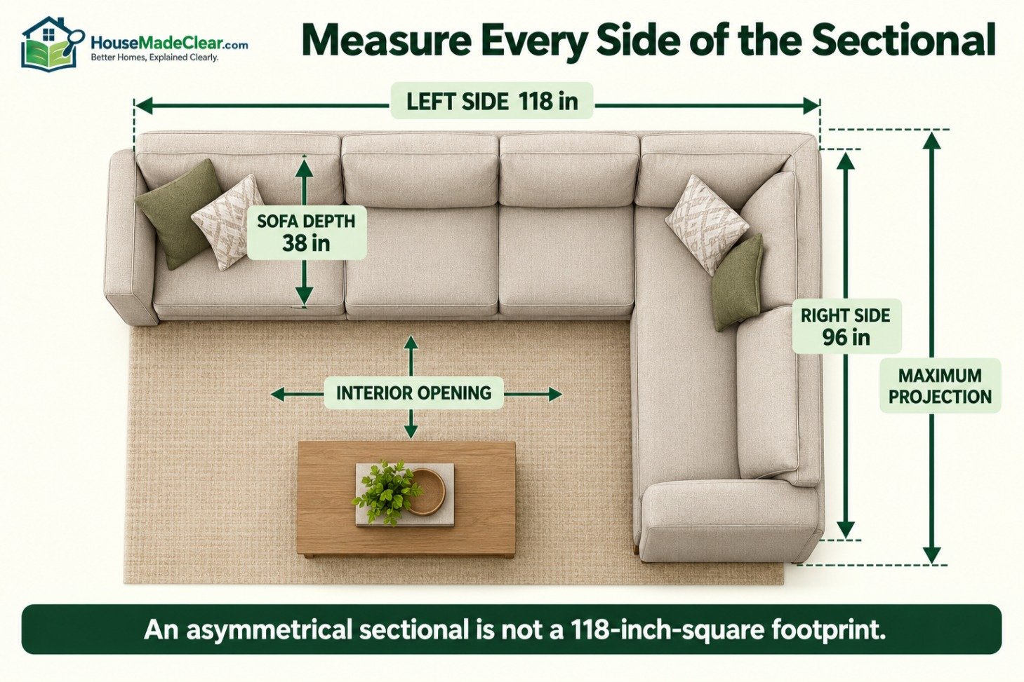 Asymmetrical L-shaped sectional showing separate left side, right side, sofa depth, maximum projection and interior opening measurements