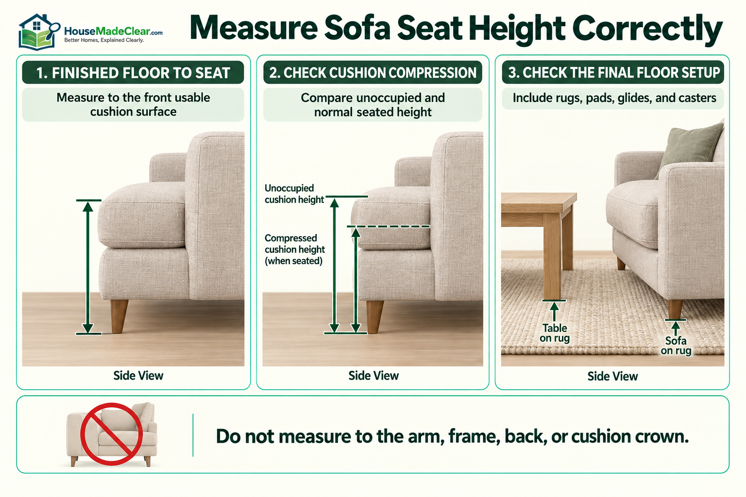 Measuring sofa-seat height from the finished floor to the usable cushion surface while accounting for compression and rugs