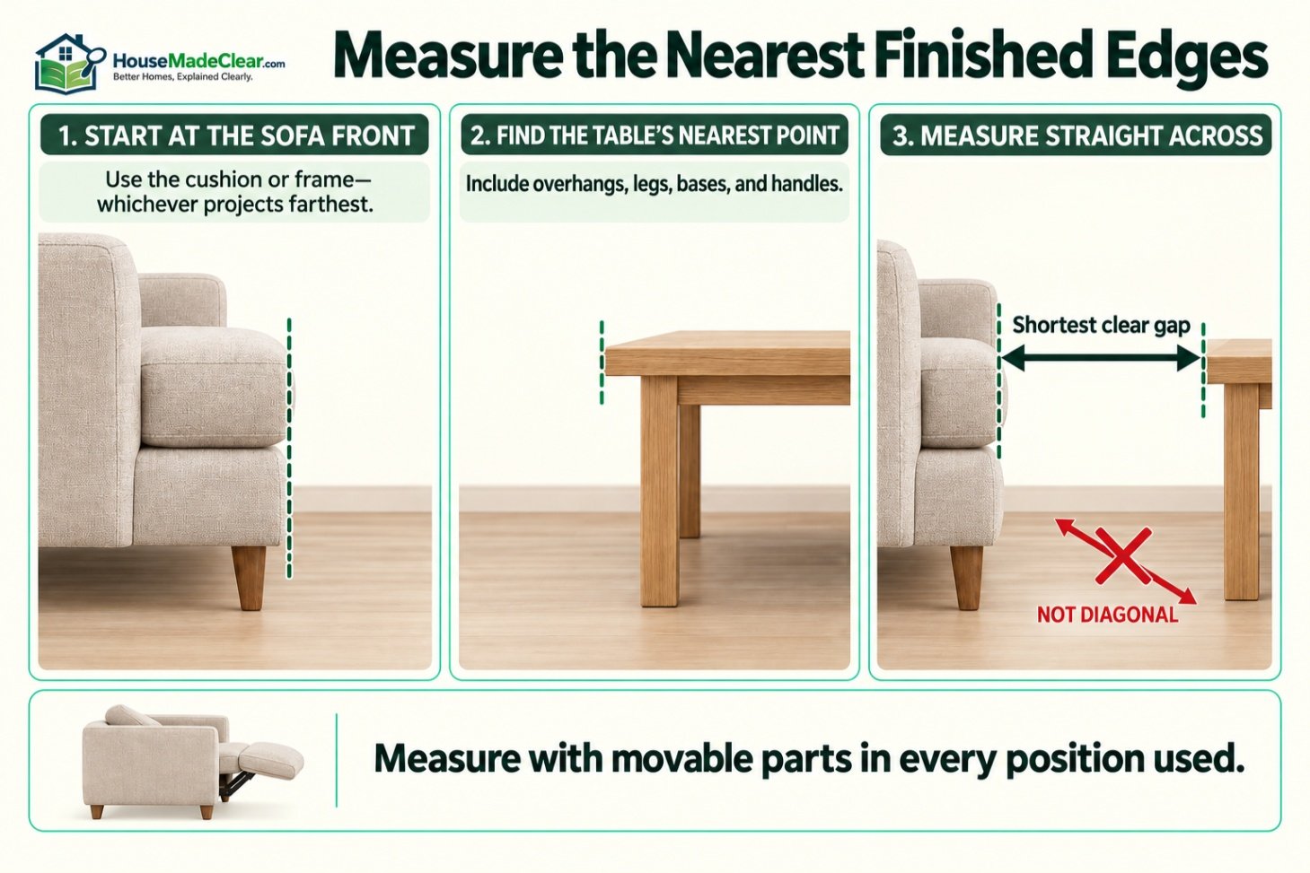 Correct method for measuring straight from the sofa’s forwardmost finished edge to the nearest part of a coffee table