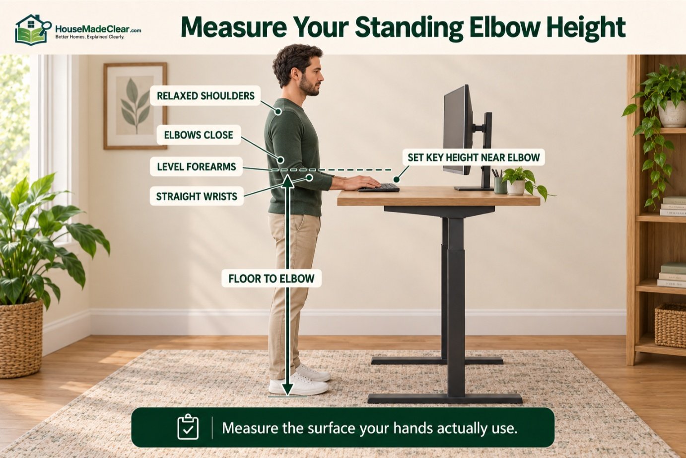 Measuring from the floor to the elbow to set a standing-desk keyboard near elbow height