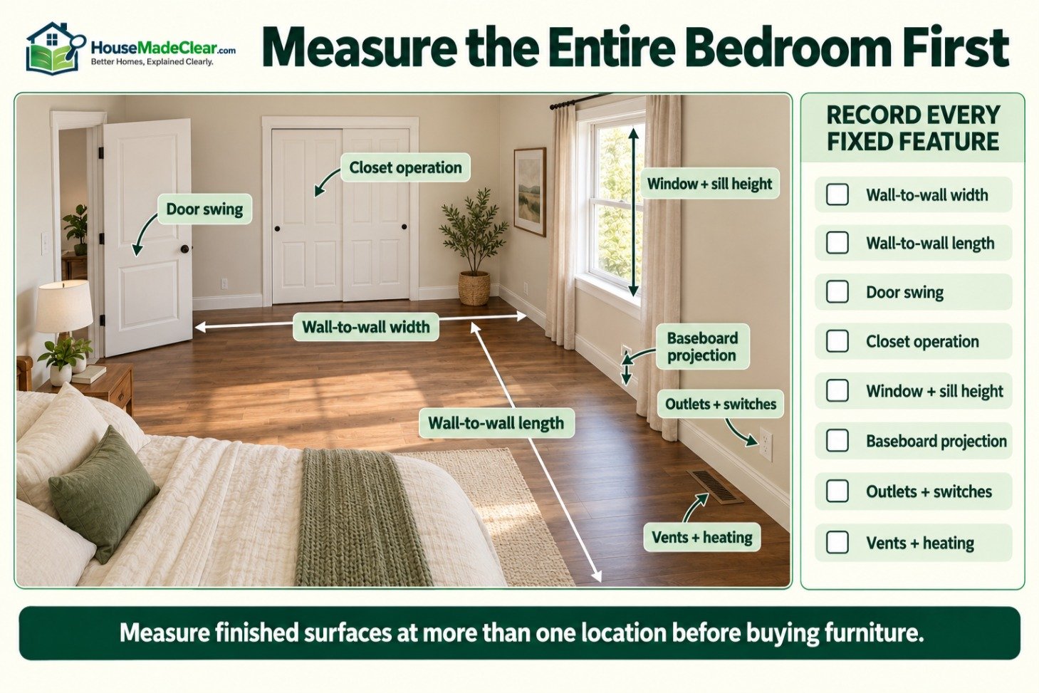 Bedroom measuring guide showing walls, doors, closet, window, baseboards, outlets and vents