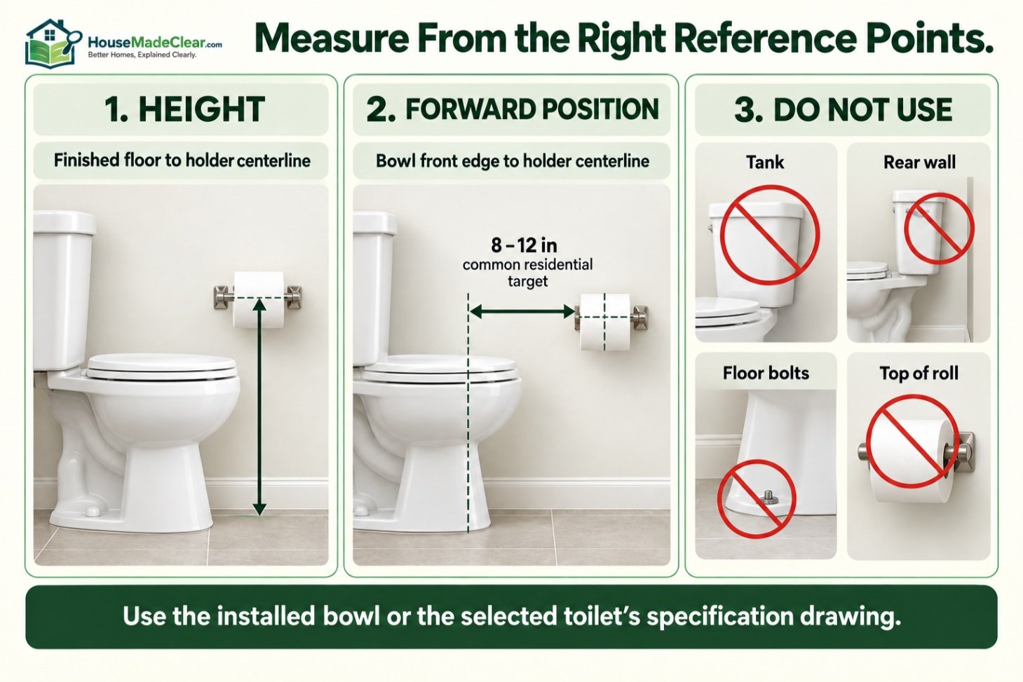 Correct toilet paper holder measurements from the finished floor and front edge of the toilet bowl