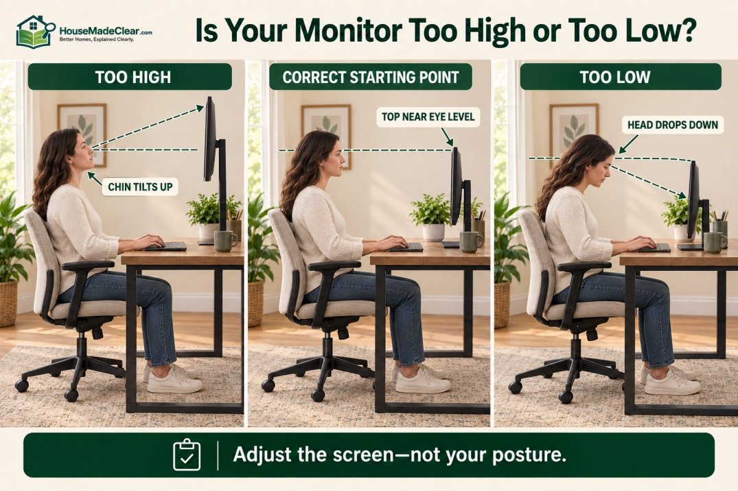 Comparison of monitor positions that are too high, correctly positioned and too low