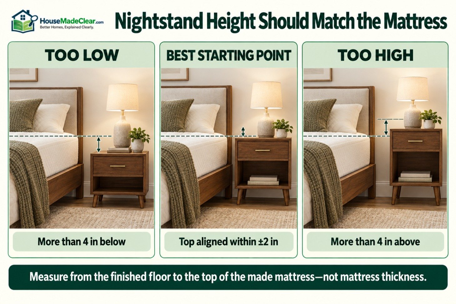 Nightstand positioned too low, aligned with the mattress and too high