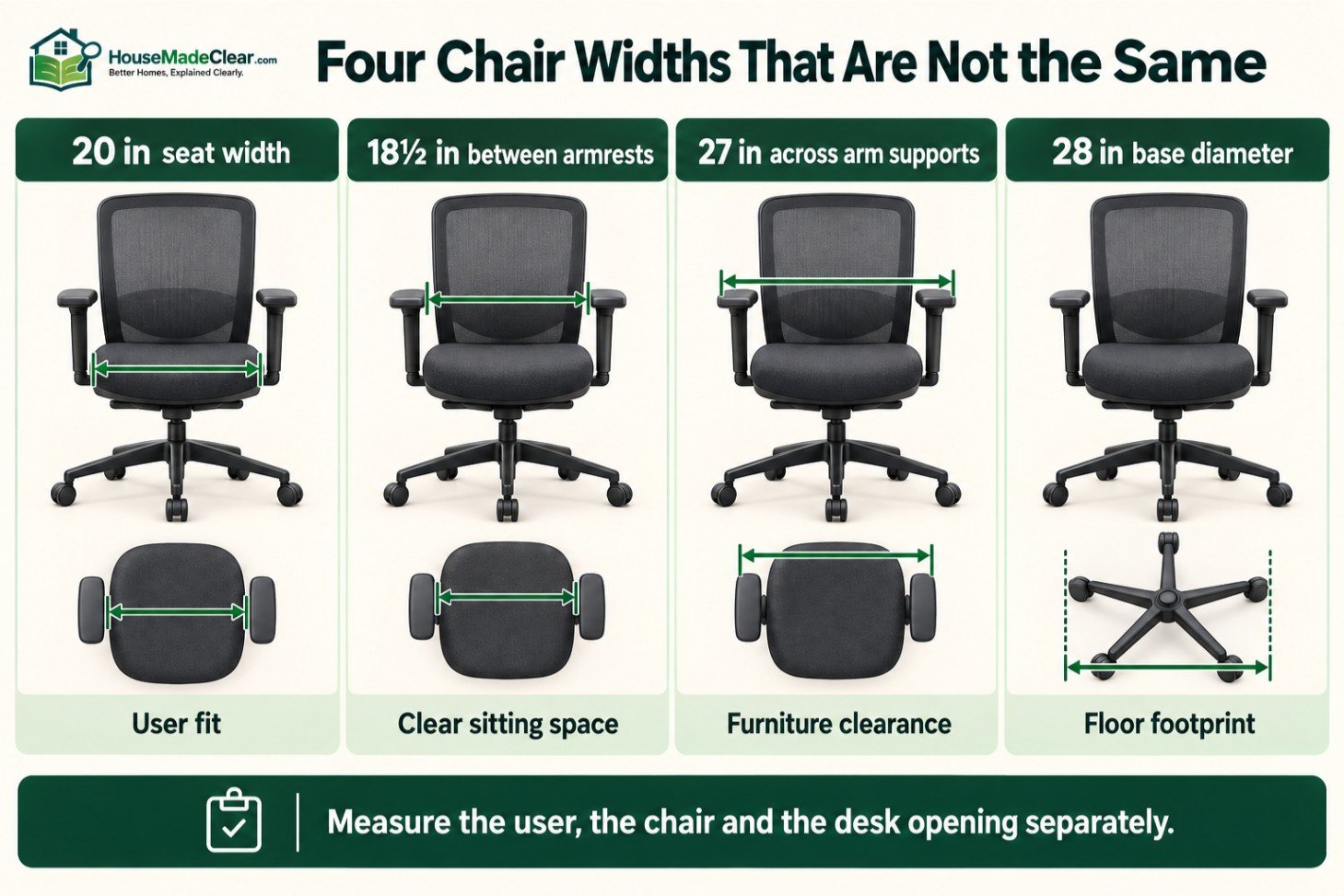 Difference between office-chair seat width, armrest spacing, overall width and base diameter