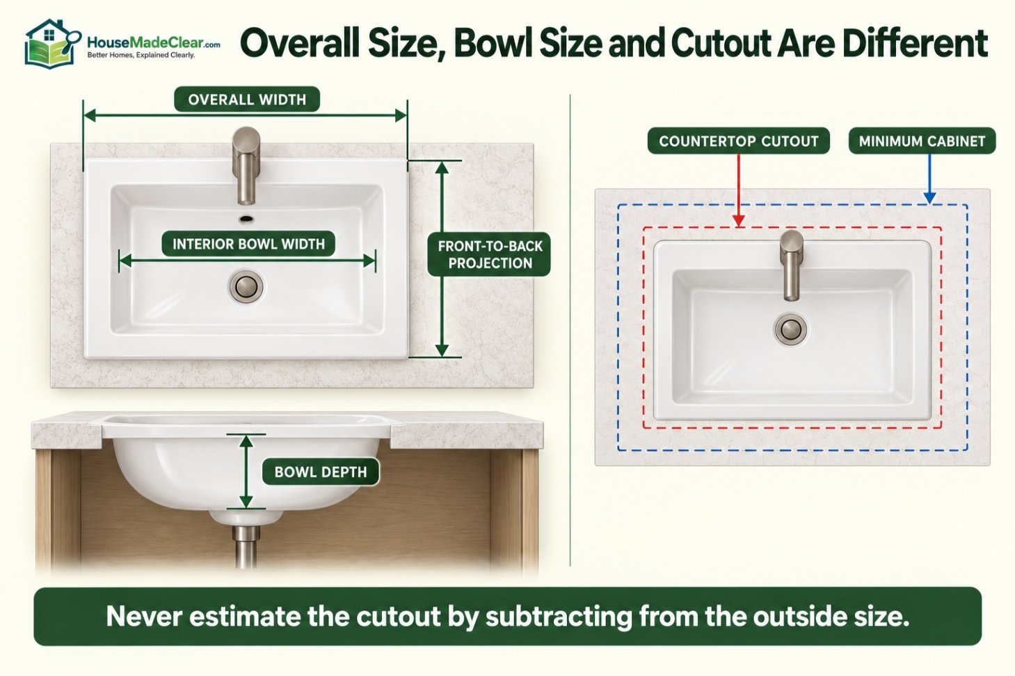 Bathroom sink diagram comparing overall width, interior bowl width, front-to-back projection, bowl depth, countertop cutout and minimum cabinet size