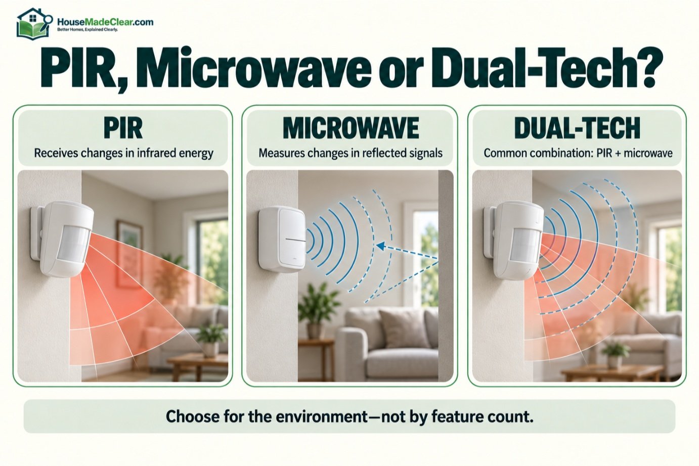 Comparison of PIR, microwave and dual-technology home security motion sensors